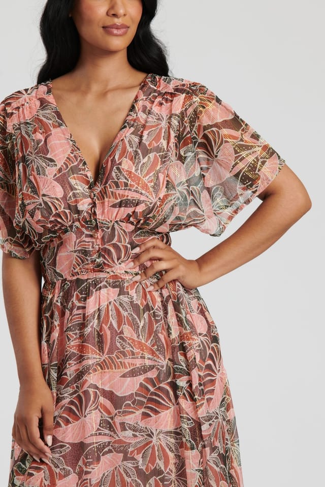 South Beach South Beach Women's Metallic Chiffon Button Detail Maxi Dress in Coral - 2