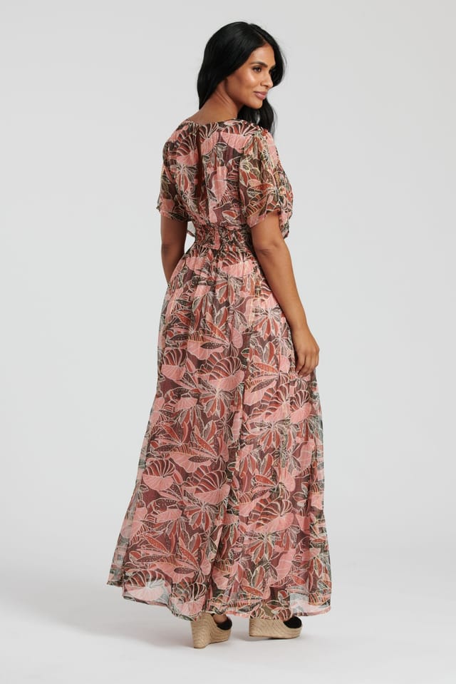 South Beach South Beach Women's Metallic Chiffon Button Detail Maxi Dress in Coral - 3