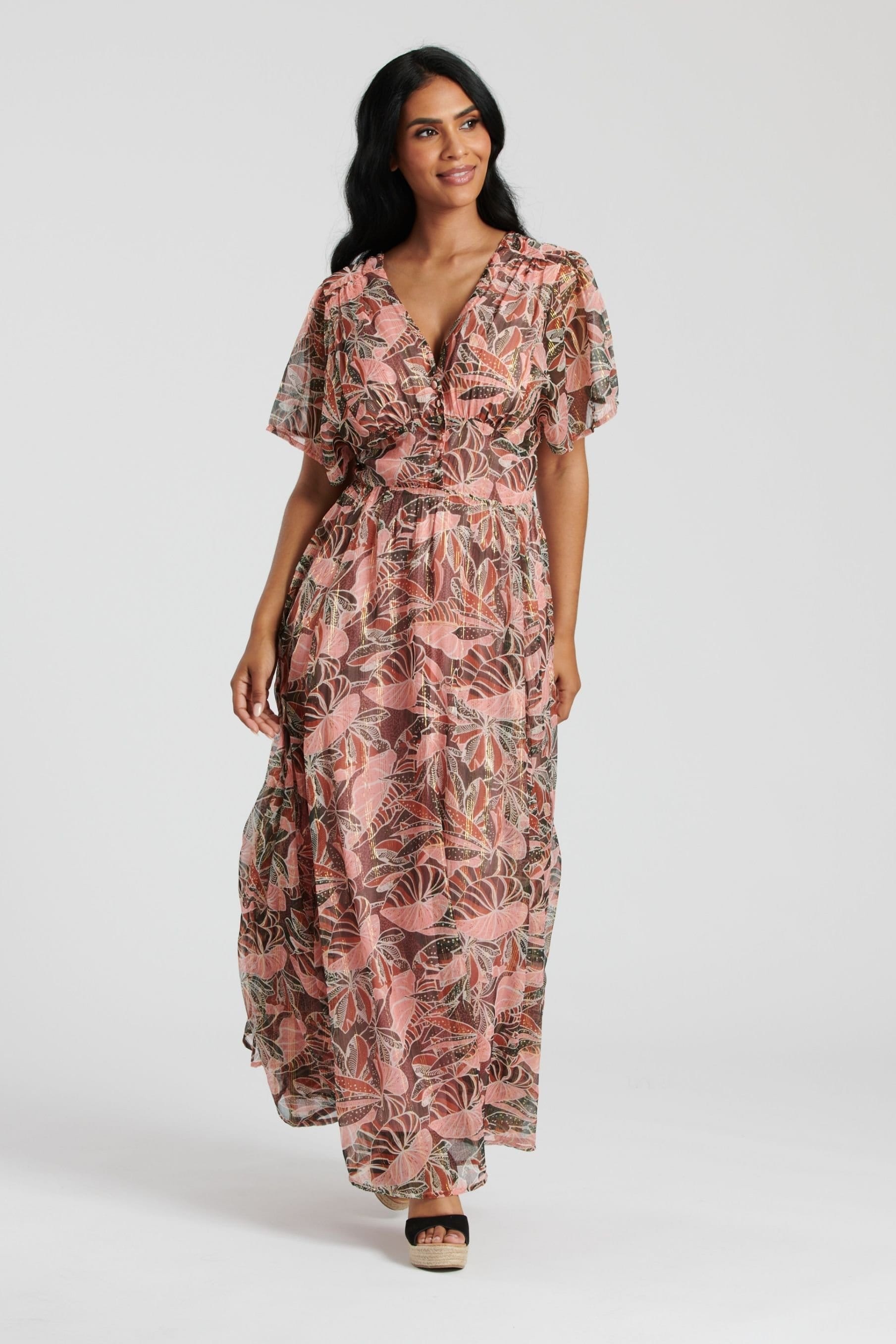 South Beach South Beach Women's Metallic Chiffon Button Detail Maxi Dress in Coral - 4