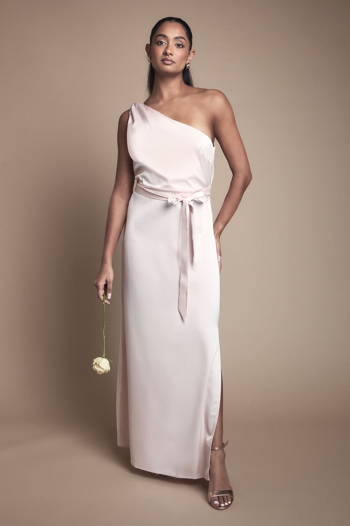 Oasis Oasis Women's One Shoulder Satin Maxi Bridesmaid Dress in Blush - 2