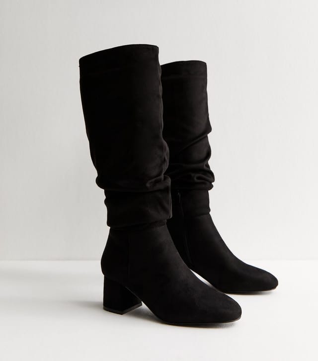 New Look Women's Black Faux Suede Ruched Knee High Boots Vegan New Look - 3