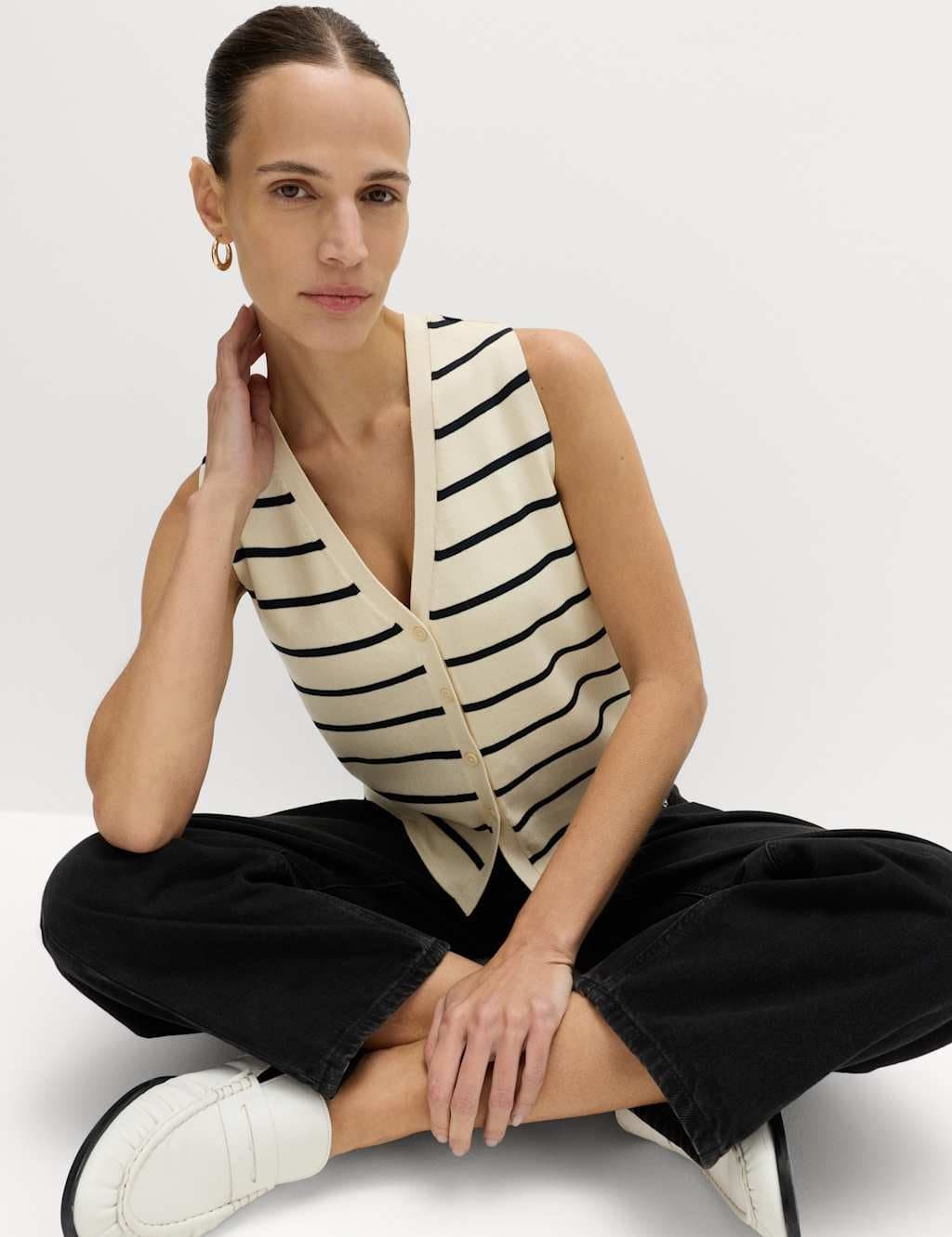 Marks & Spencer M&S Striped V-Neck Cropped Knitted Waistcoat Ivory Mix