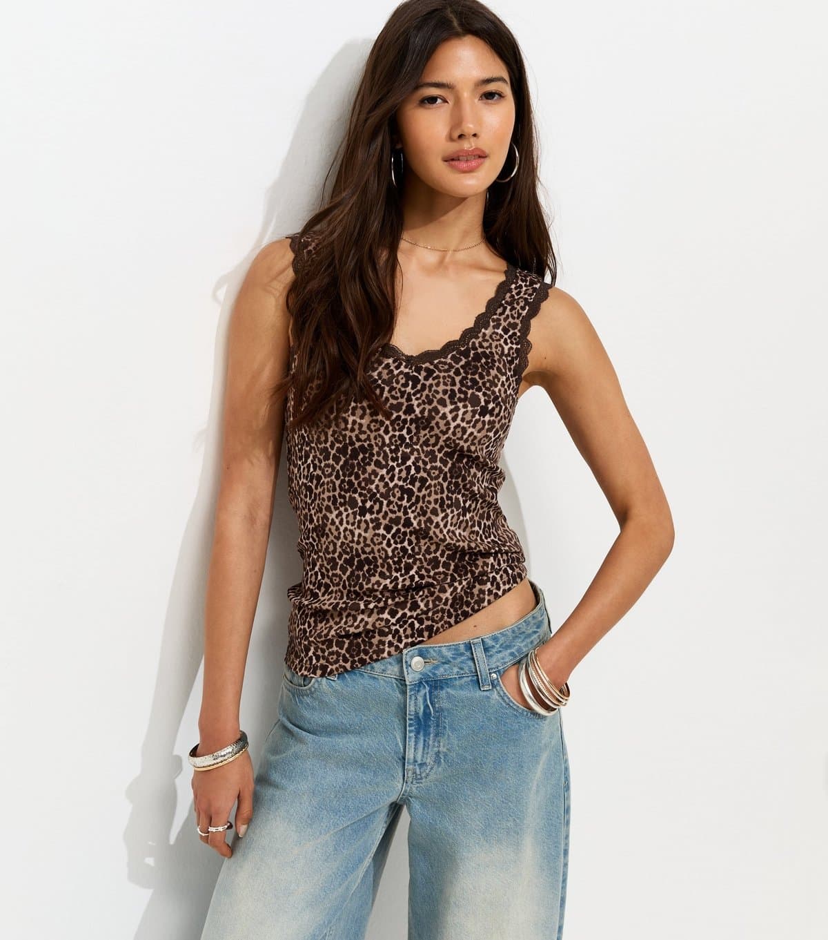 New Look Women's Brown Cotton Rich Leopard Print Lace Trim Vest New Look