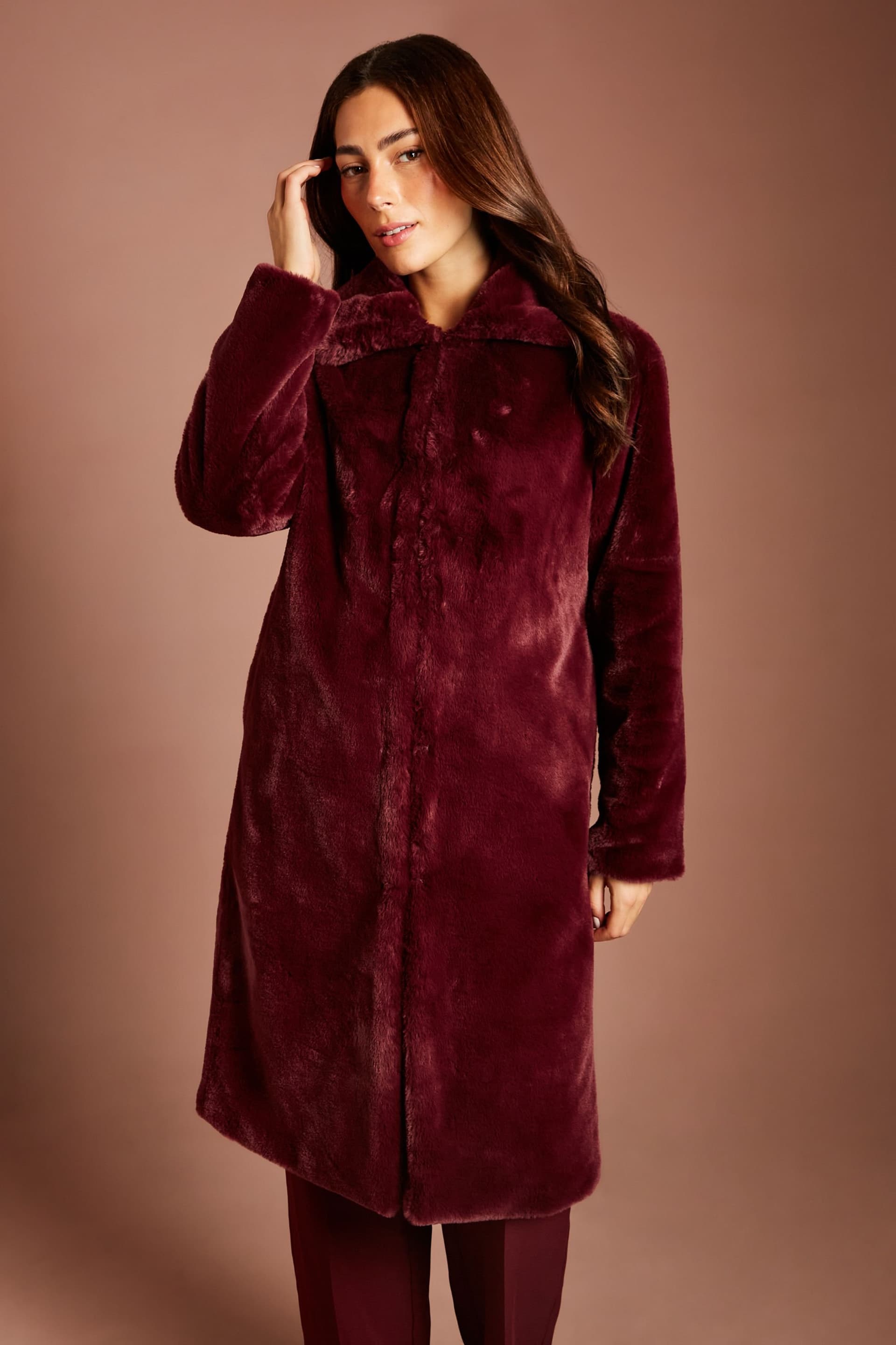 Coast Coast Women's Burgundy Faux Fur Longline Collared Coat