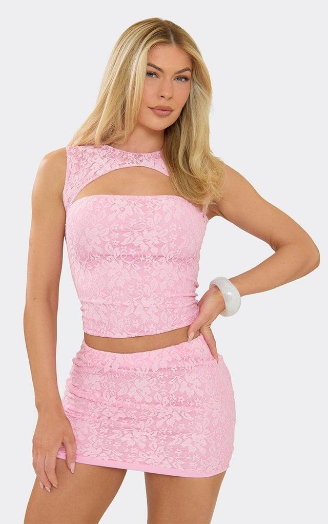 EGO Sleeveless Cut Out Top In Pink Lace, Women's Size UK 6 - 2
