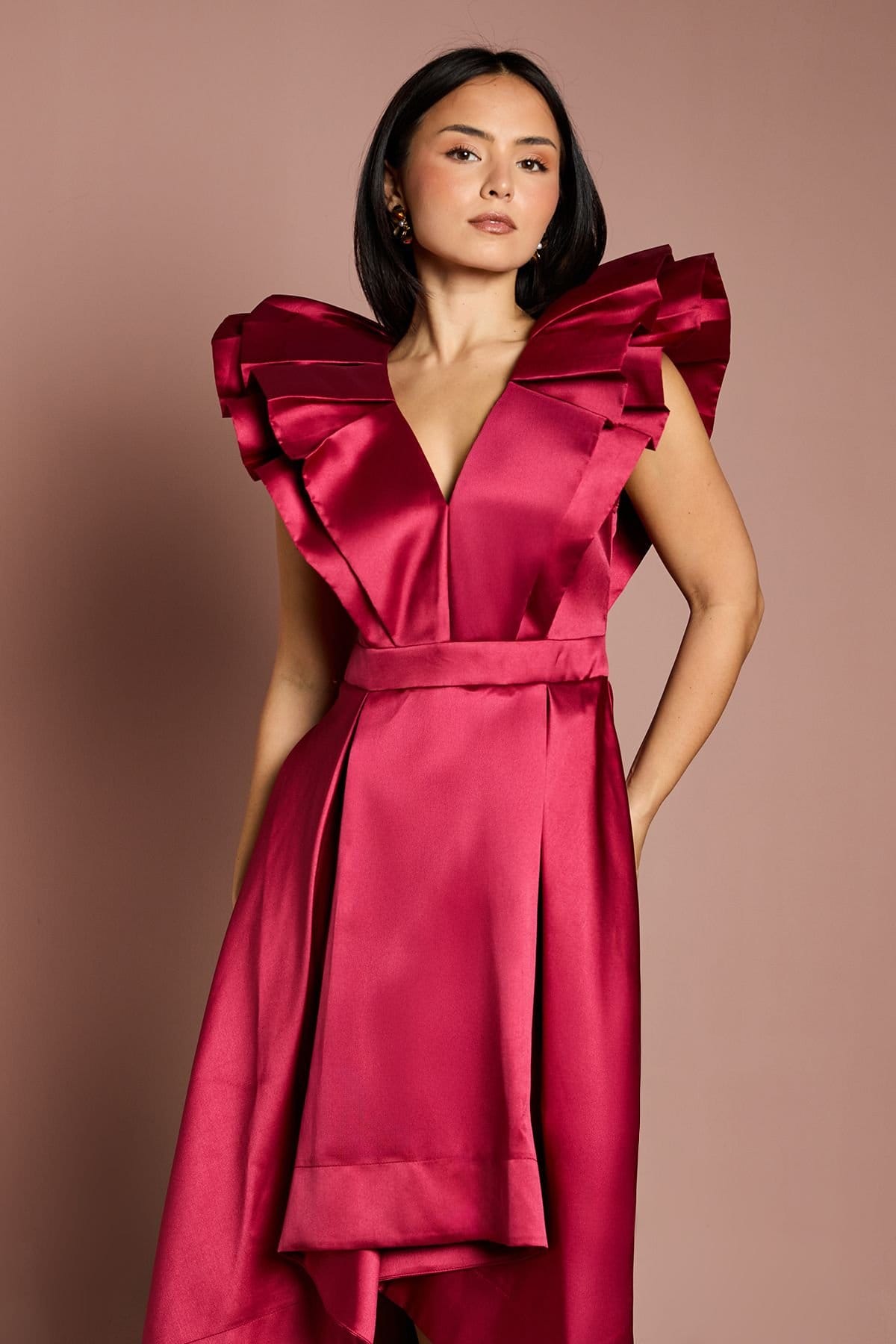 Coast Coast Women's Petite Frill Sleeve V Neck Midi Dress in Red - 4