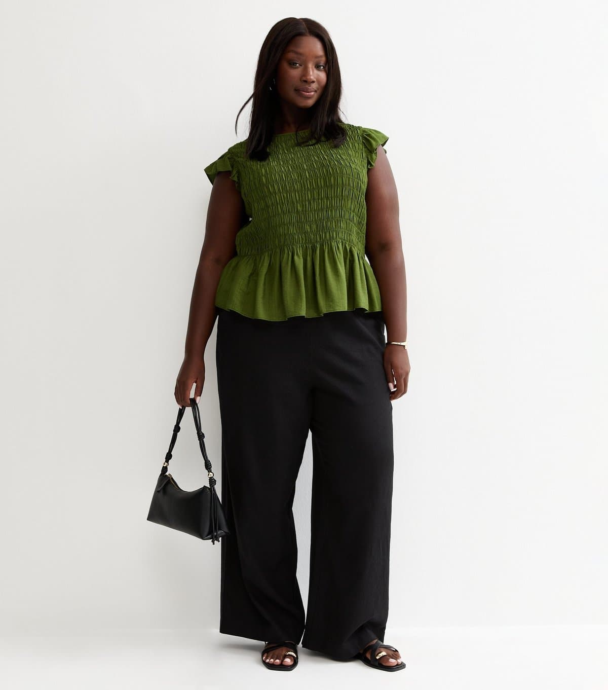 New Look Women's Plus Size Black Linen Blend Wide Leg Trouser Curves New Look