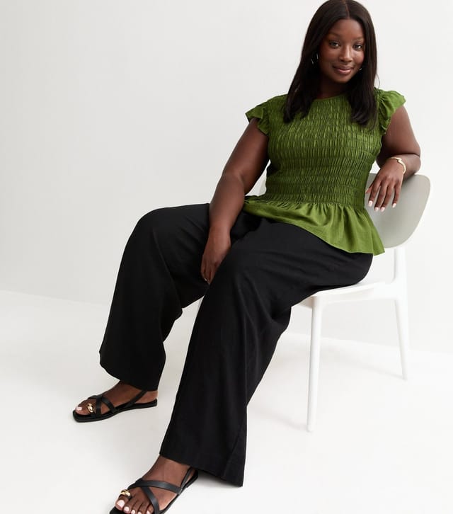 New Look Women's Plus Size Black Linen Blend Wide Leg Trouser Curves New Look - 2