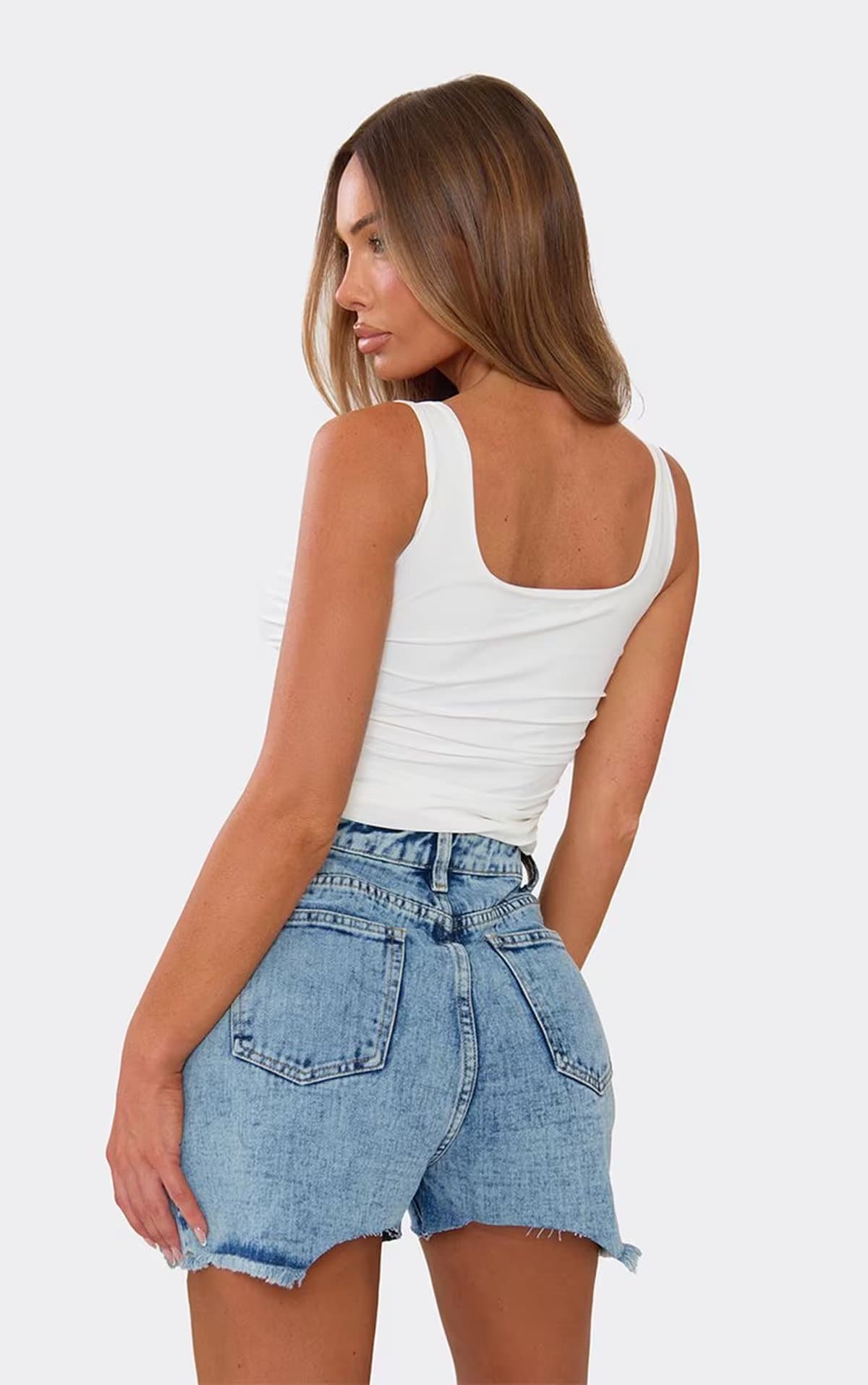 EGO High Waist Distressed Hem Mom Shorts In Mid Blue Denim, Women's Size UK 4