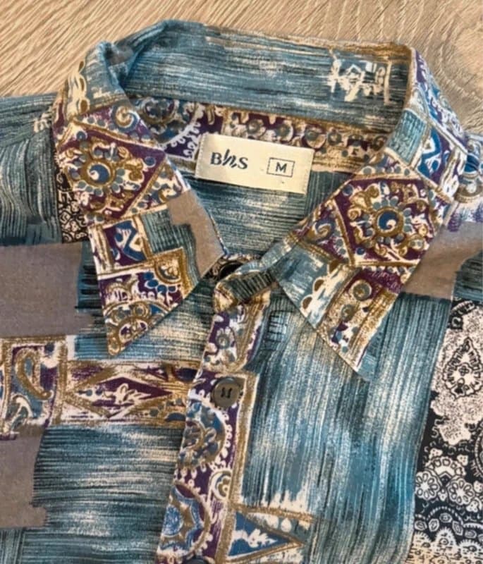 Bhs Vintage BHS Men’s Y2K Abstract Paisley Patchwork Shirt Blue Grey Size M Retro 90s