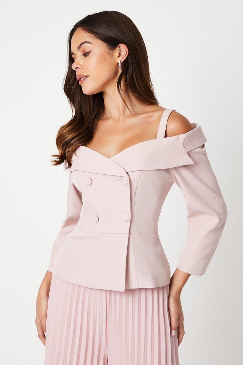 Coast Coast Women's 3/4 Sleeve Off-Shoulder Peplum Jacket in Blush