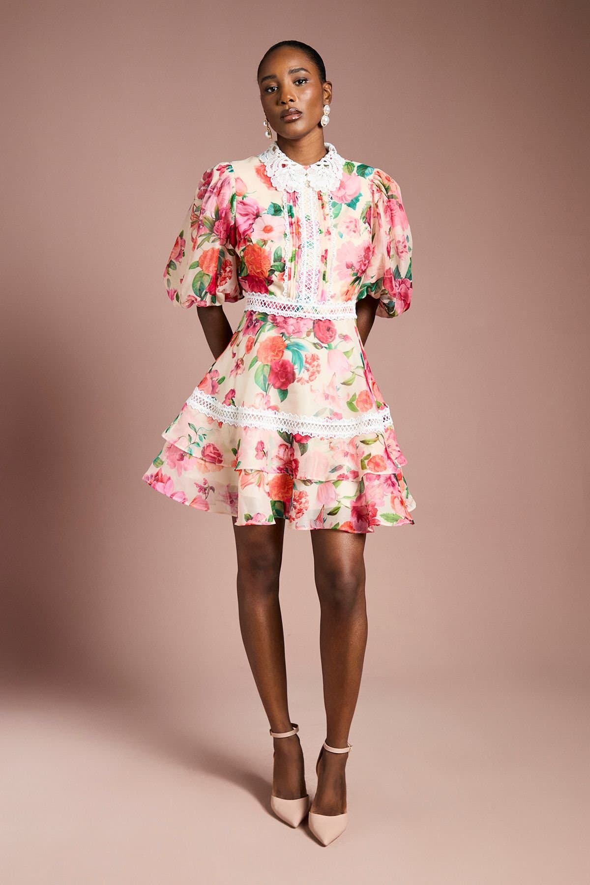 Coast Coast Women's Lace Trim Collared Printed Organza Mini Dress in Ivory