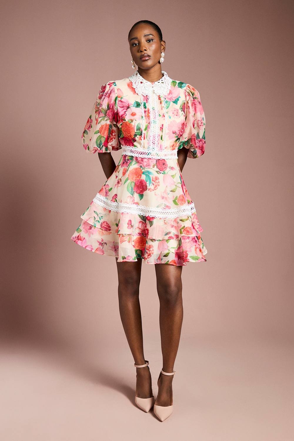 Coast Coast Women's Lace Trim Collared Printed Organza Mini Dress in Ivory - 2