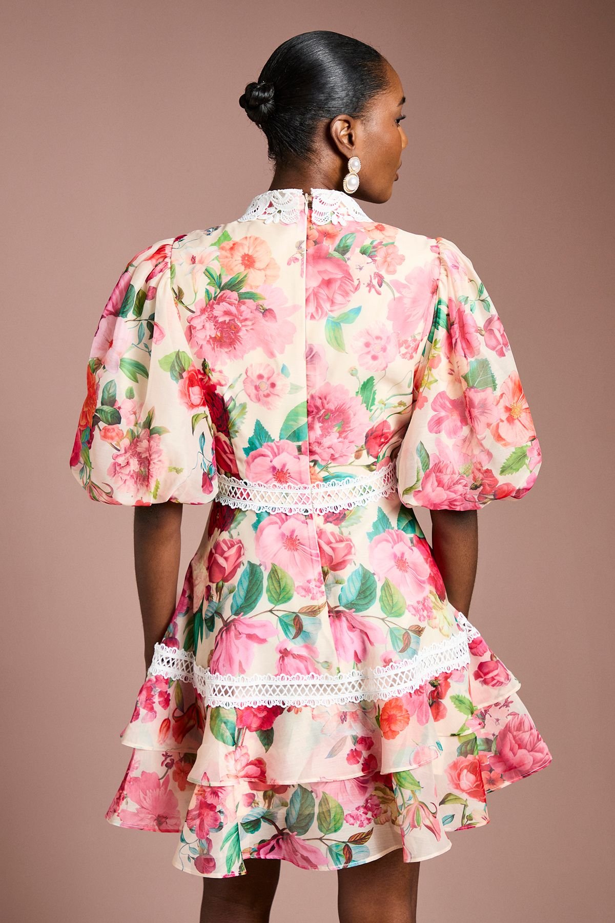 Coast Coast Women's Lace Trim Collared Printed Organza Mini Dress in Ivory - 3