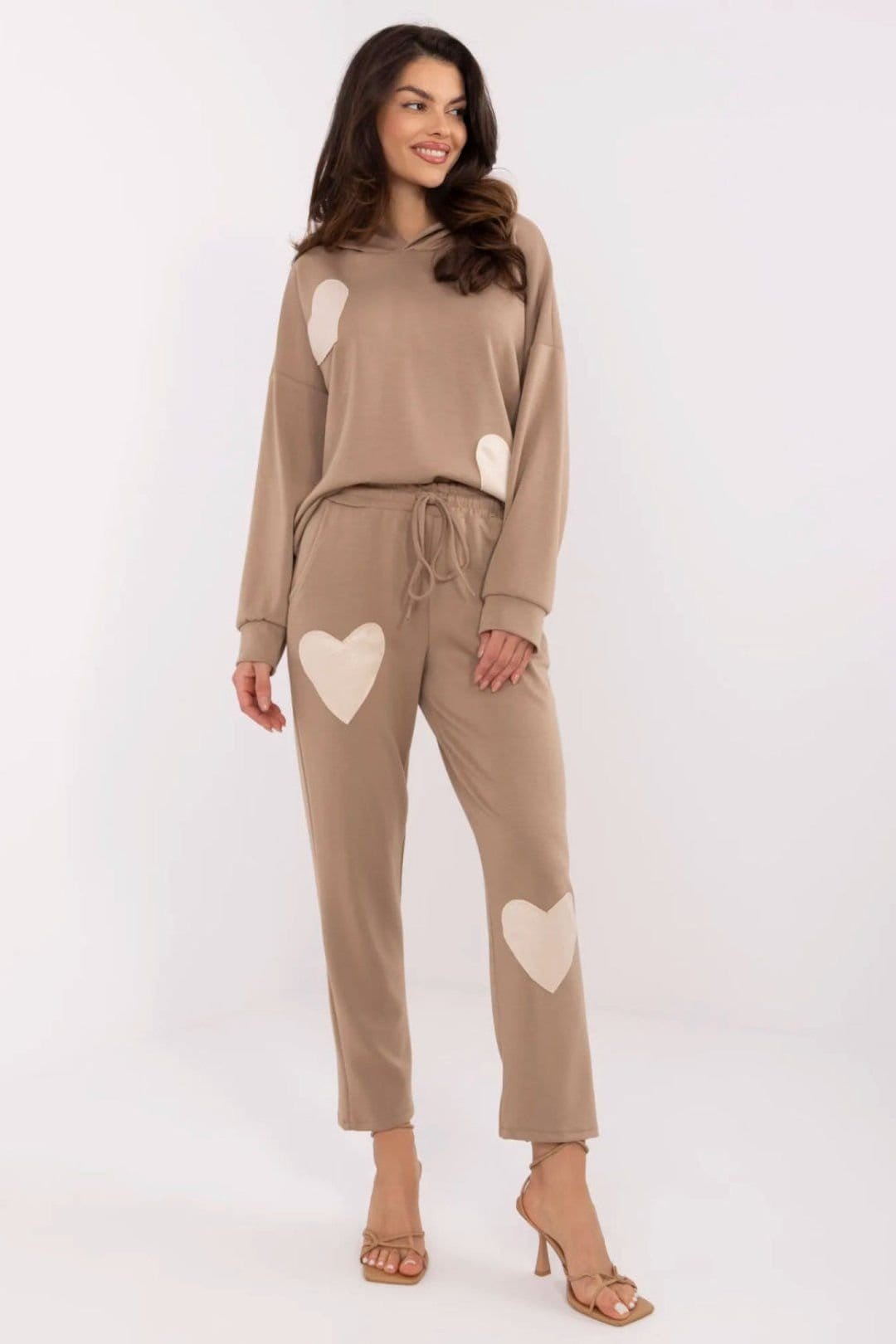 Love Lace Beige Heart Patch Hooded Tracksuit Set
