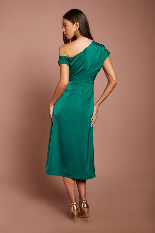 Coast Coast Women's Off Shoulder Satin Side Tie Midi Dress in Emerald - 3