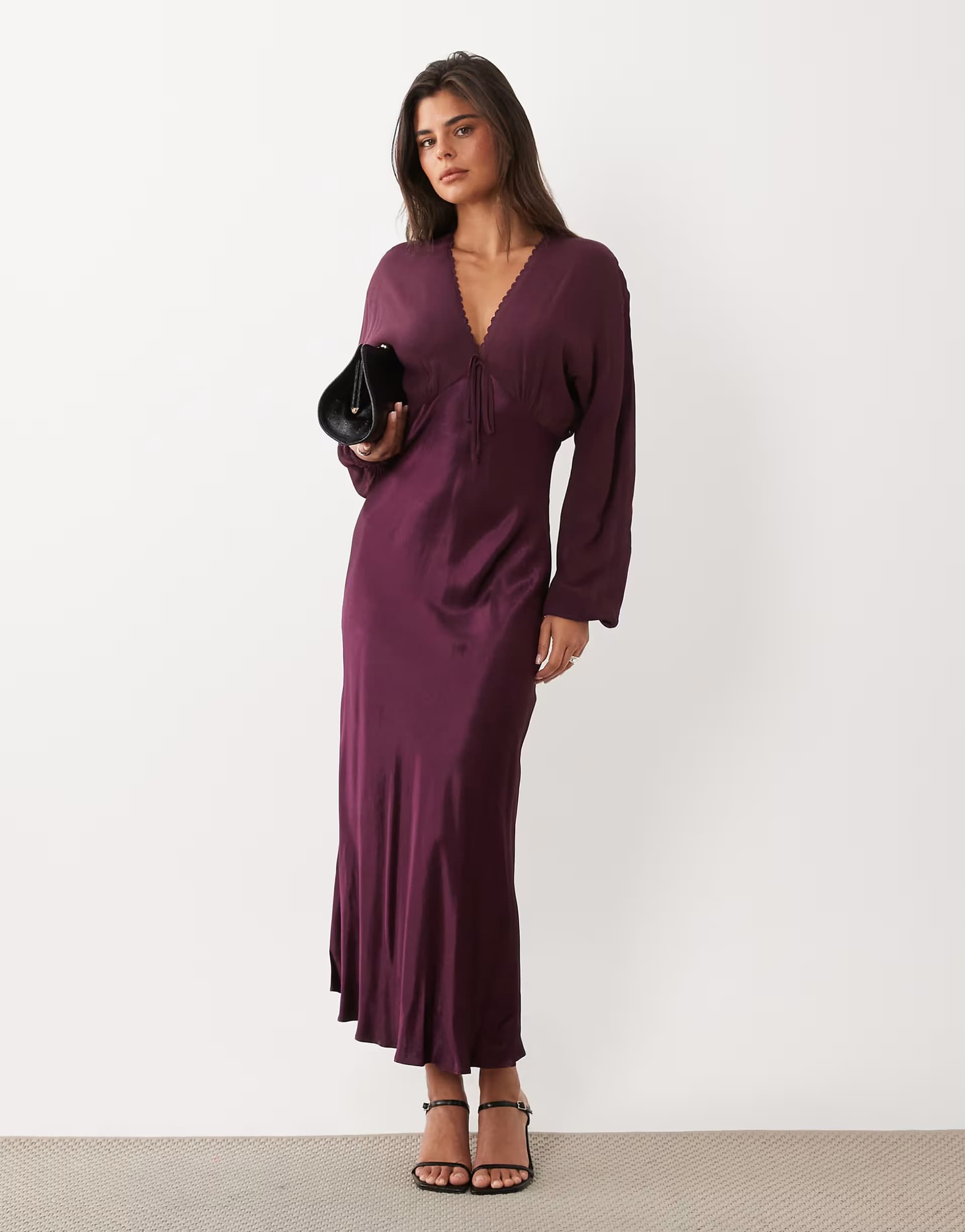 ASOS Nobody's Child Linda chiffon plunge neck contrast satin skirt midi dress in plum