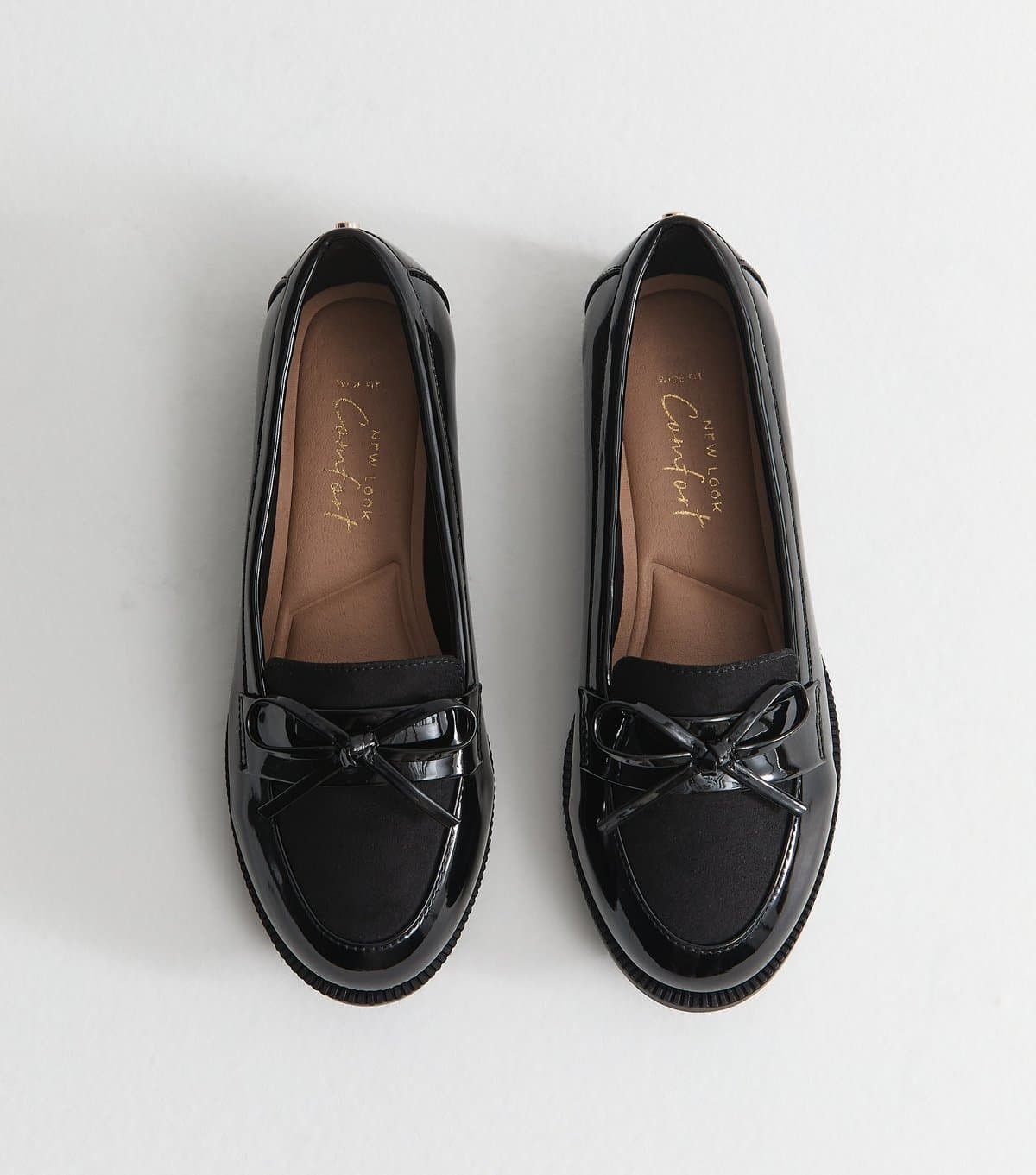 New Look Women's Wide Fit Black Patent Faux Leather Bow Loafers Vegan New Look