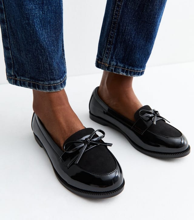 New Look Women's Wide Fit Black Patent Faux Leather Bow Loafers Vegan New Look - 2