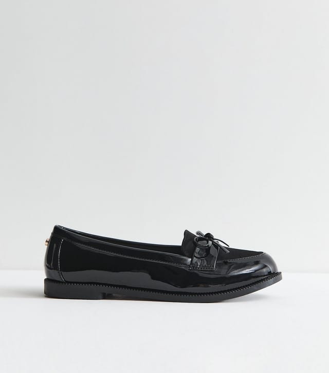New Look Women's Wide Fit Black Patent Faux Leather Bow Loafers Vegan New Look - 3