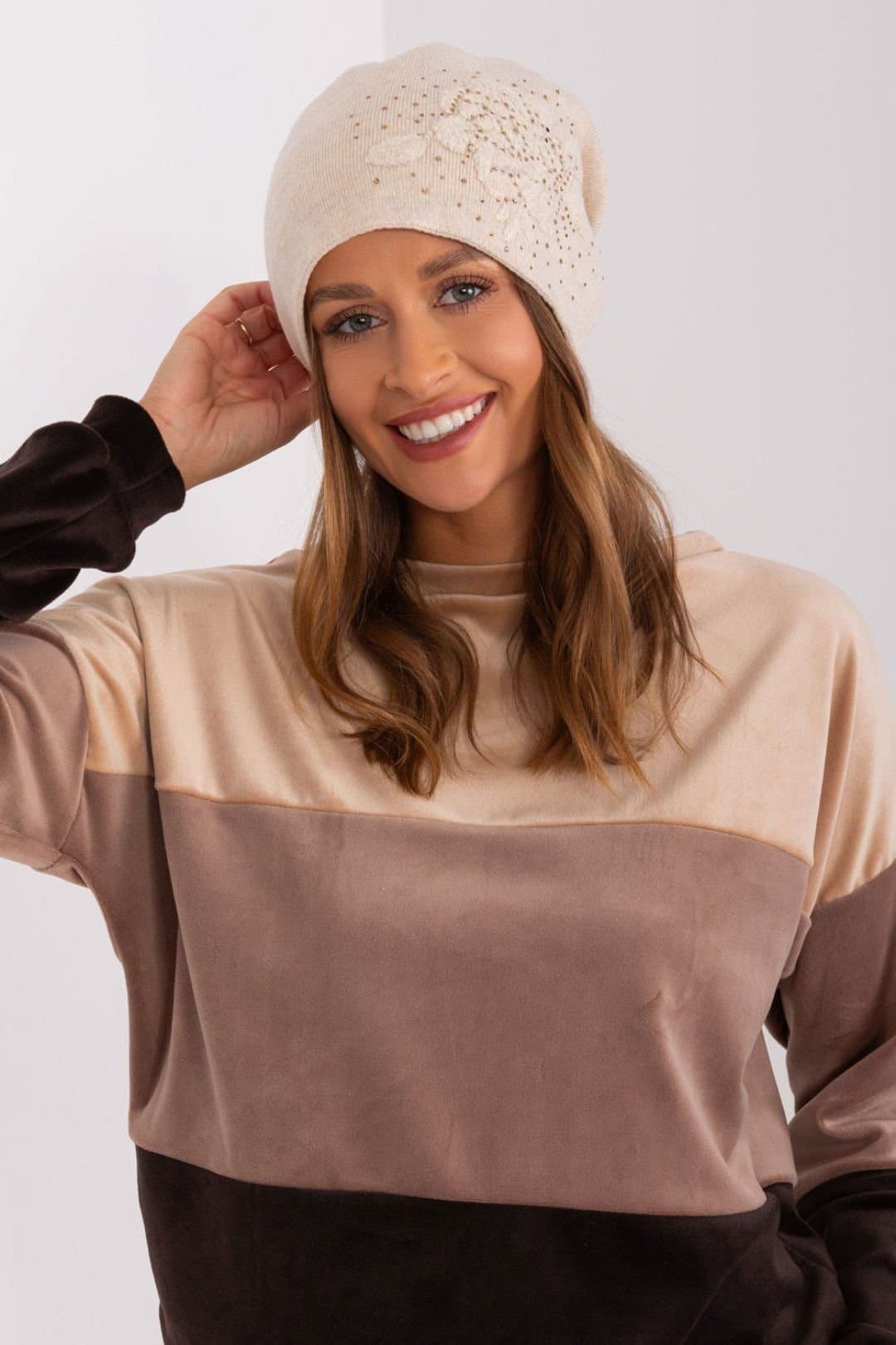 Love Lace Love Lace Beige Cashmere Beanie Hat with Rhinestone Embellishment