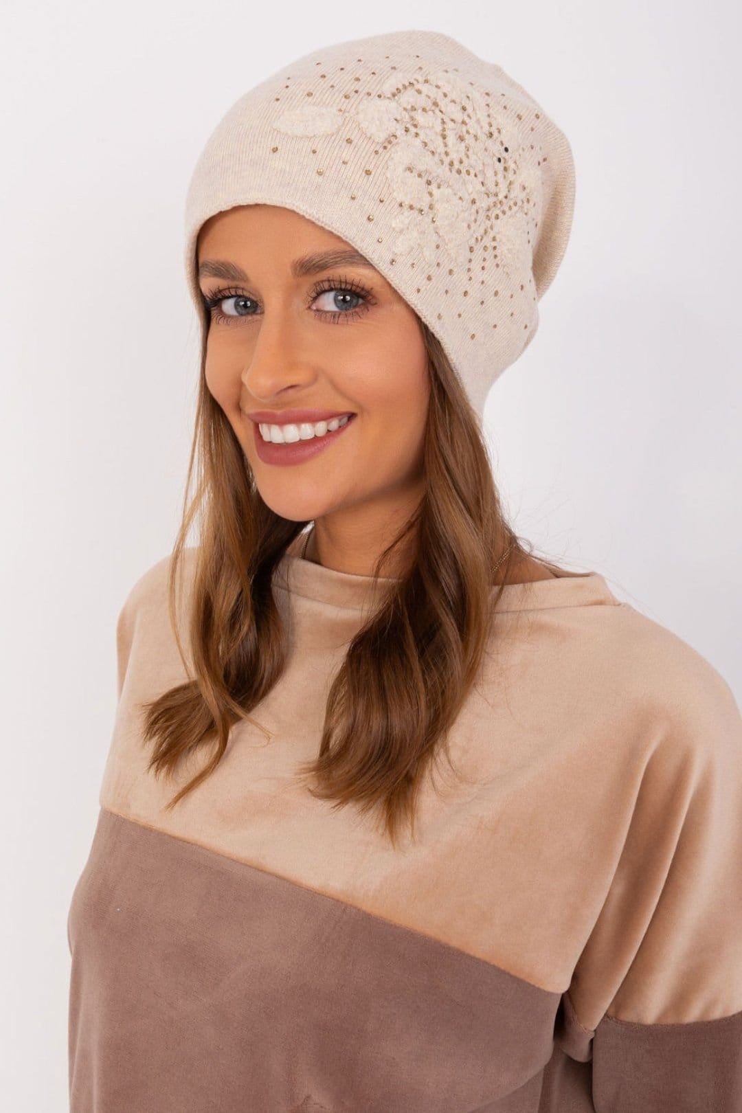 Love Lace Love Lace Women's Cashmere Beanie Hat with Rhinestone Embellishment for Warm Winter in Beige - 4