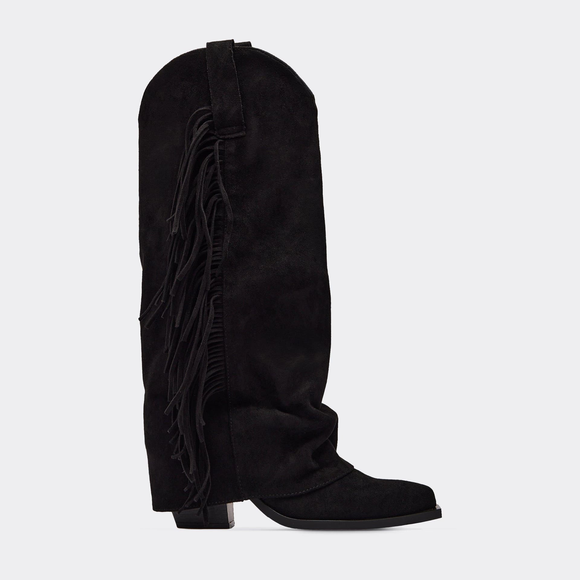 EGO Vegas Side Fringe Layered Detail Knee High Western Cowboy Boot In Black Faux Suede, Women's Size UK 3