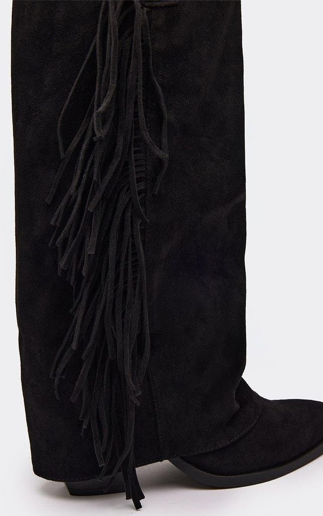 EGO Vegas Side Fringe Layered Detail Knee High Western Cowboy Boot In Black Faux Suede, Women's Size UK 3 - 2