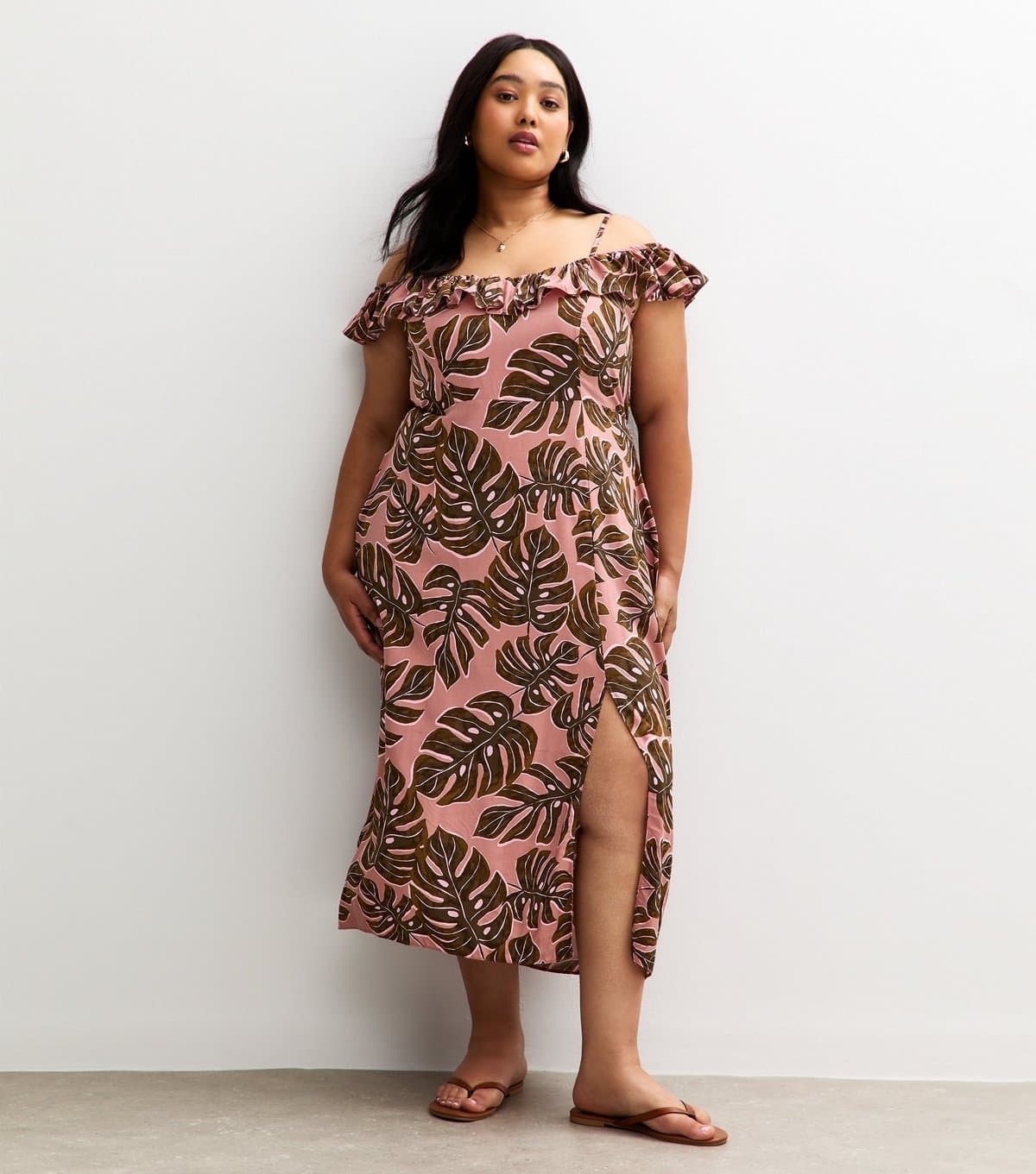 New Look Women's Plus Size Brown Leaf Print Midi Dress Curves New Look