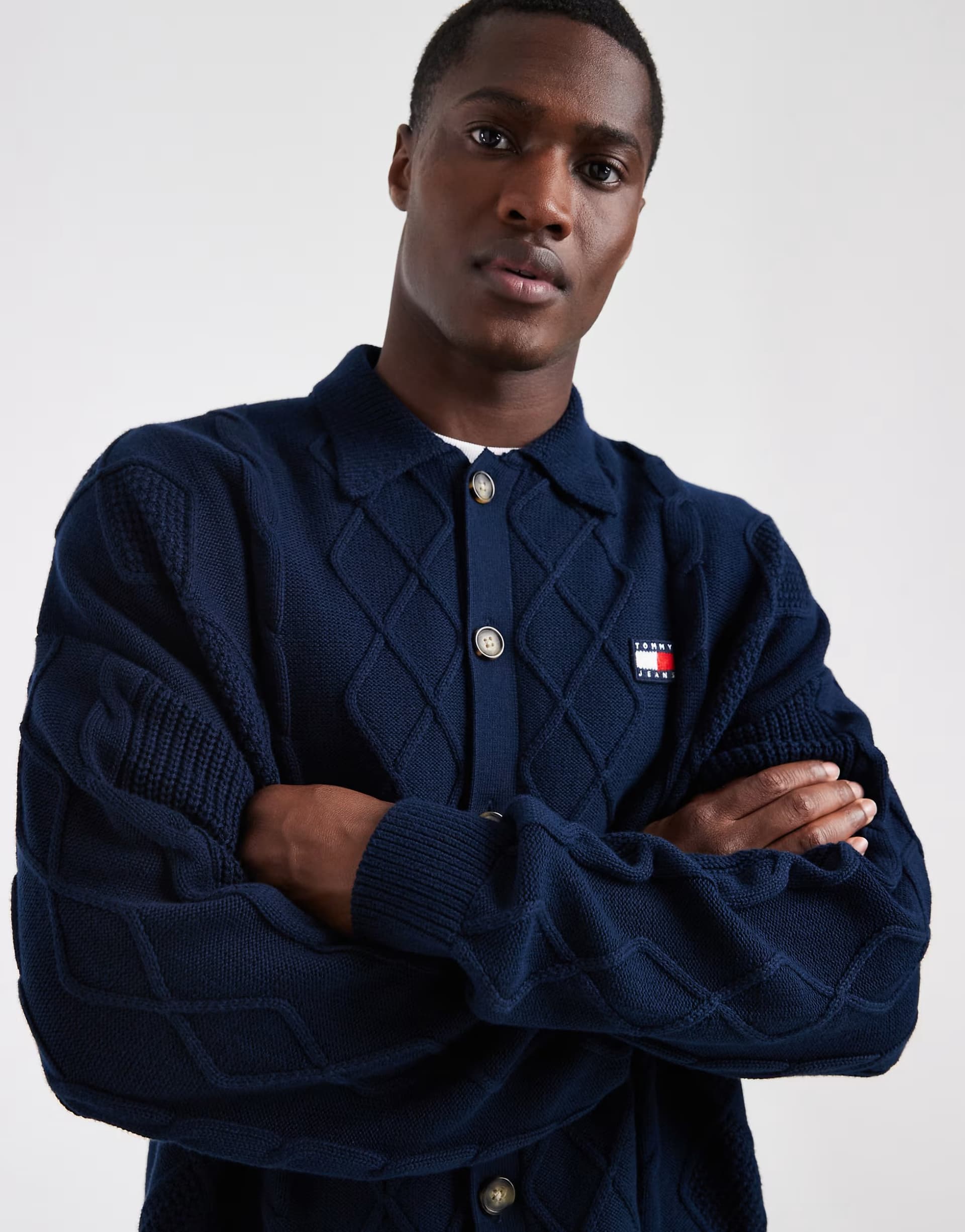 ASOS Tommy Jeans cable knit relaxed fit cardigan in navy