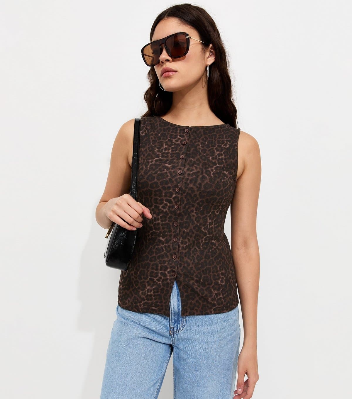 New Look Women's Brown Cotton Rich Leopard Print Button Front Ribbed Tank Top New Look