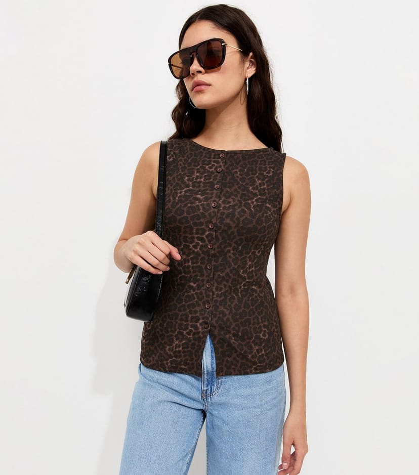 New Look Women's Brown Cotton Rich Leopard Print Button Front Ribbed Tank Top New Look - 1