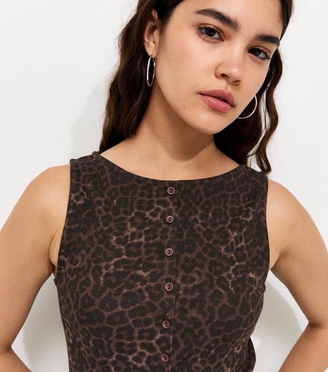 New Look Women's Brown Cotton Rich Leopard Print Button Front Ribbed Tank Top New Look - 2