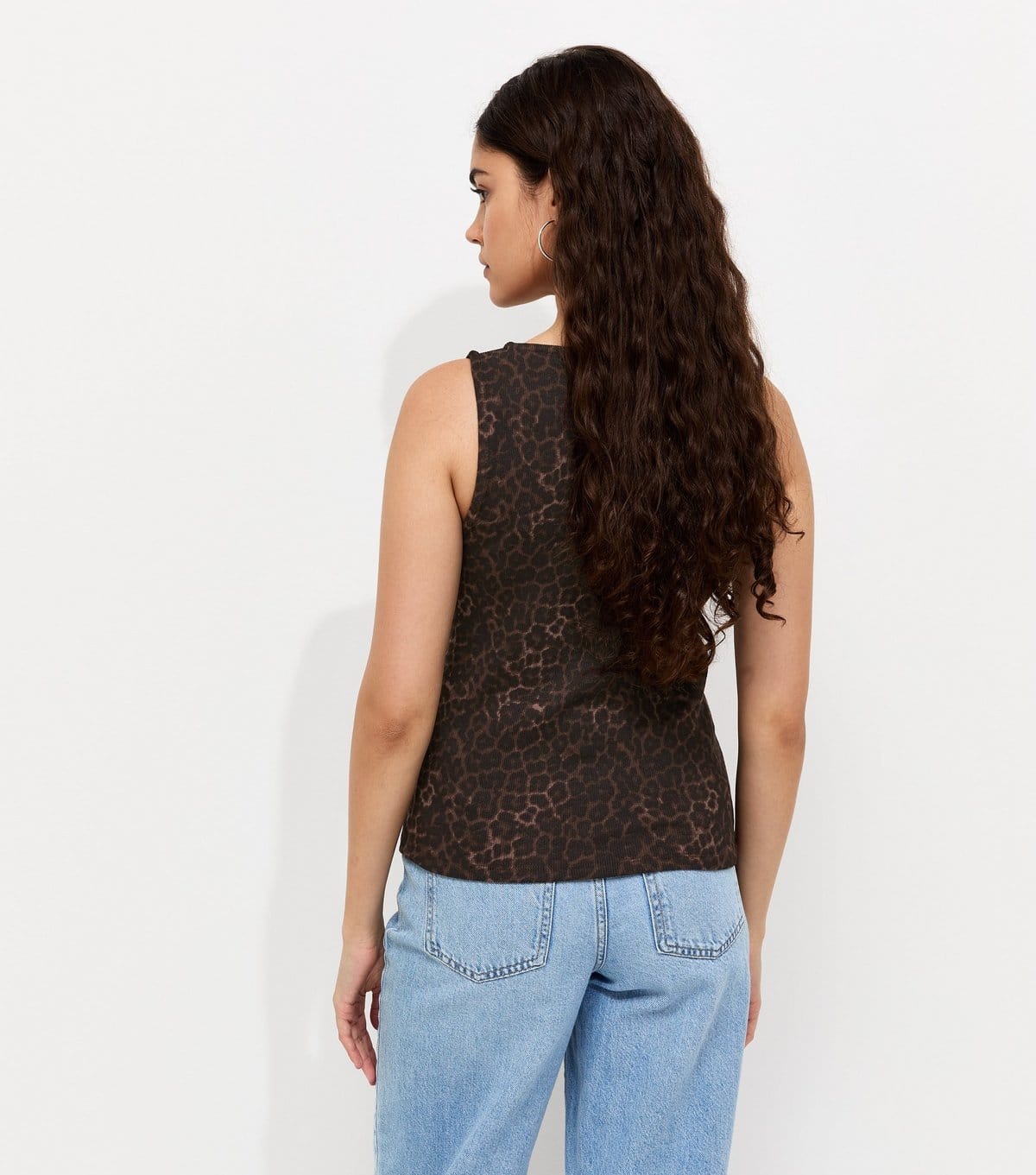 New Look Women's Brown Cotton Rich Leopard Print Button Front Ribbed Tank Top New Look - 4