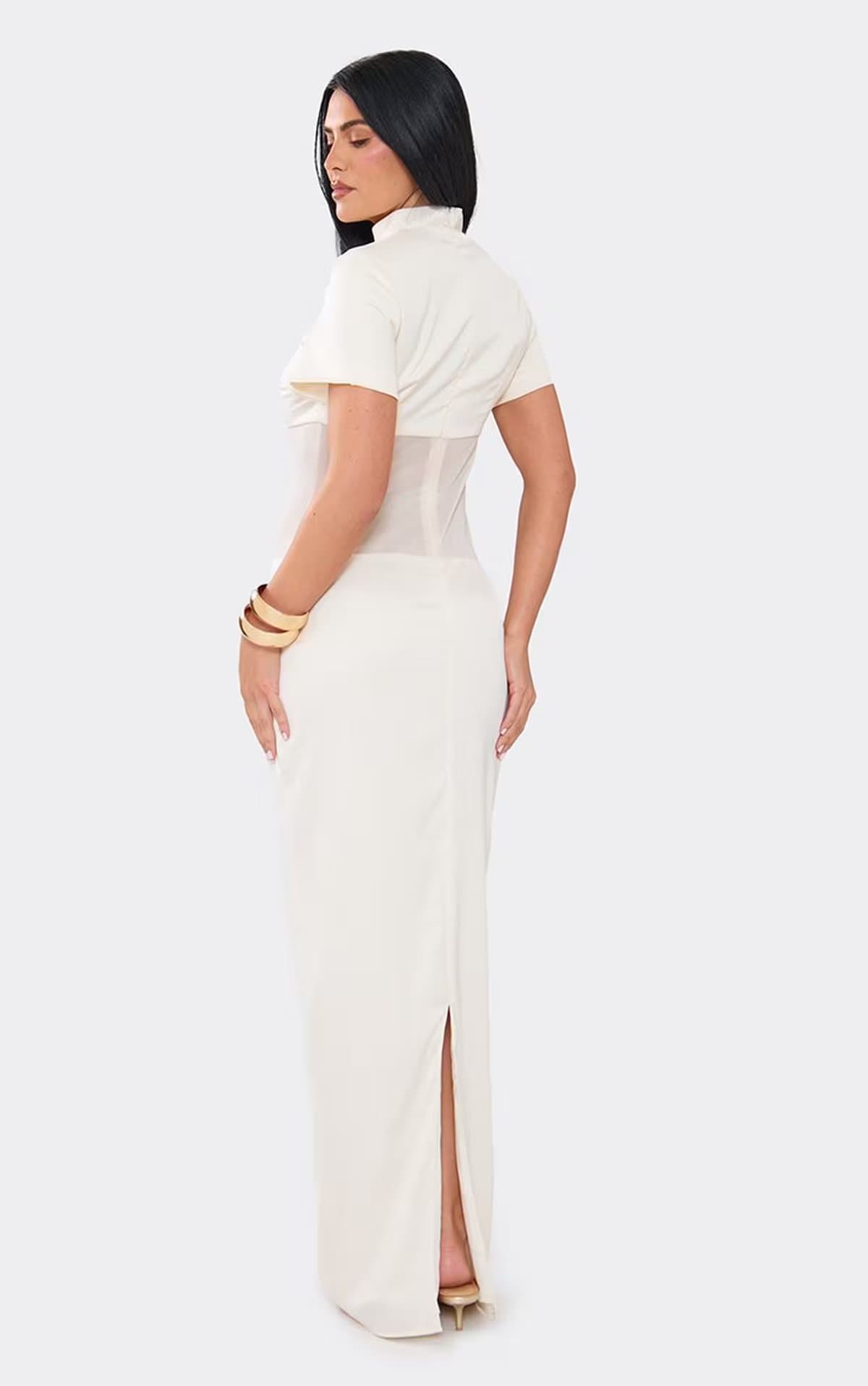 EGO High Neck Short Sleeve Mesh Panel Maxi Dress In Cream Satin, Women's Size UK 6