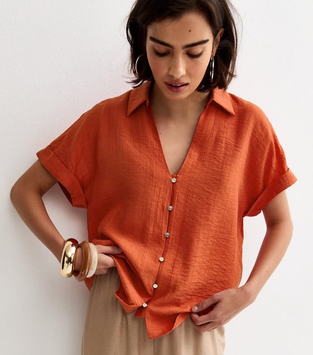 New Look Women's Bright Orange Crinkled Short Sleeve Shirt New Look - 2
