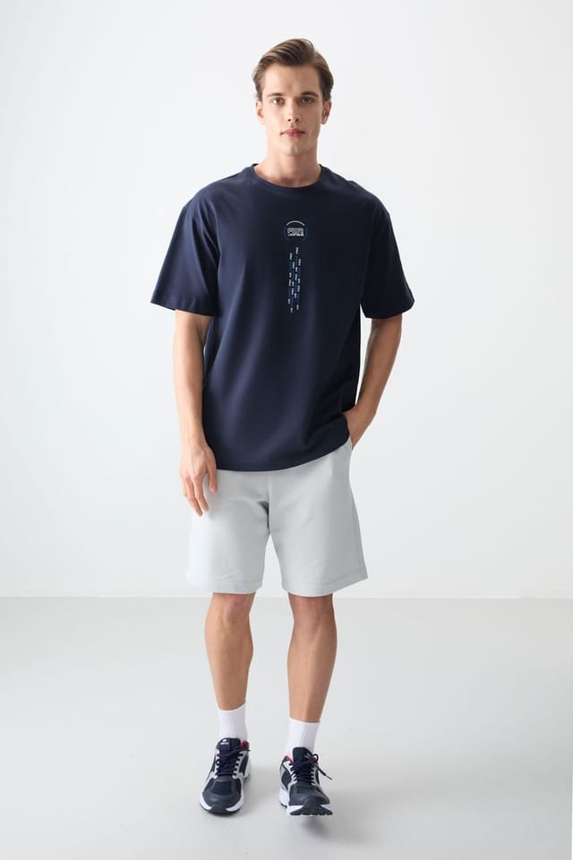 Tommy Life Tommy Life Men's Oversized Cotton Text Print Crew Neck T-Shirt in Navy - 3