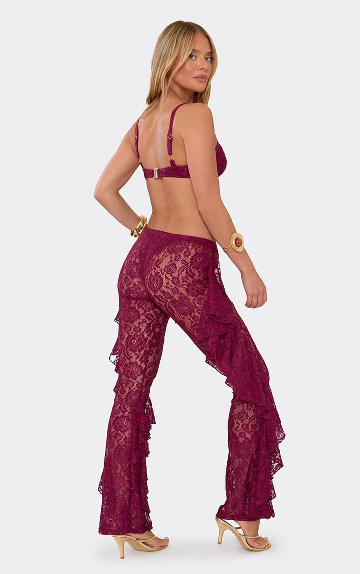 EGO Ruched Front Frill Detail Flared Leg Beach Trousers In Burgundy Lace, Women's Size UK 6