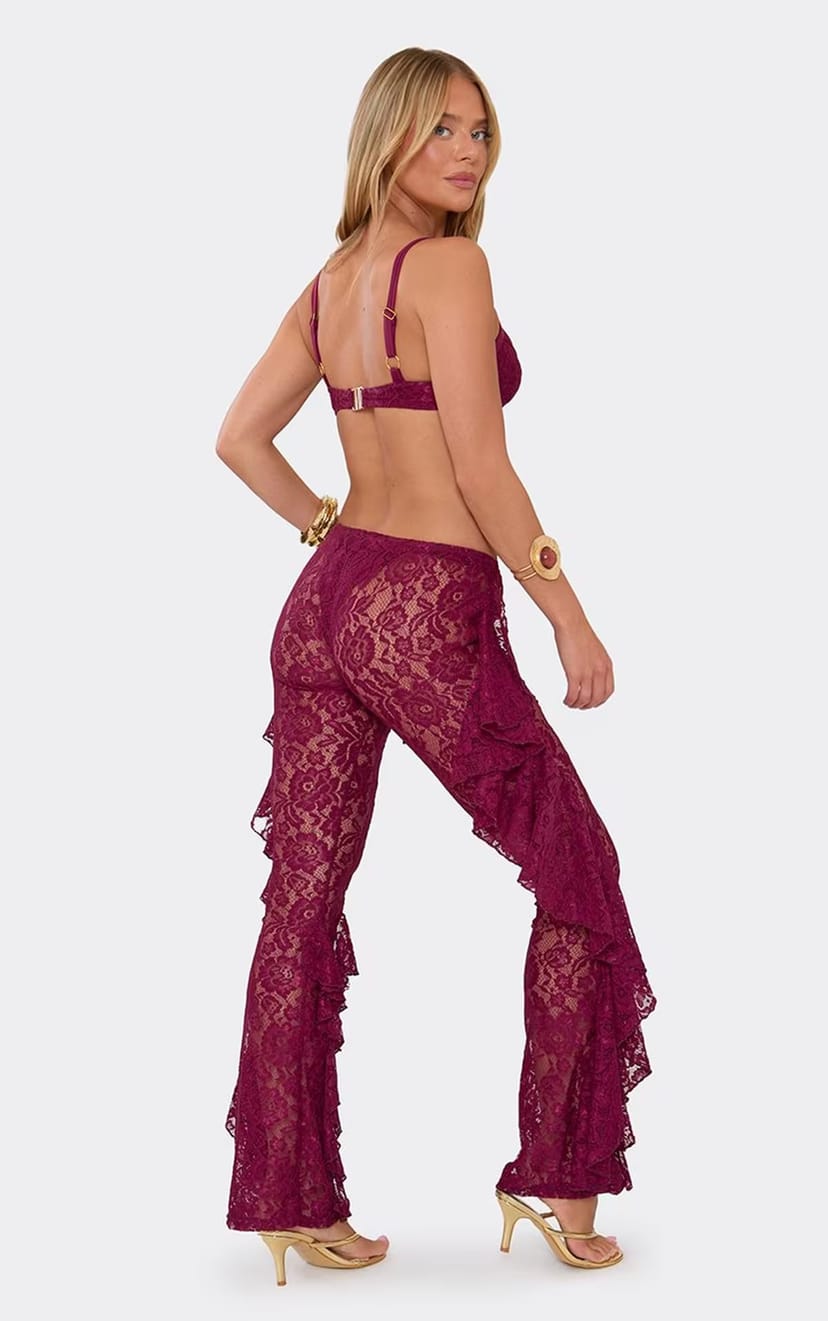 EGO Ruched Front Frill Detail Flared Leg Beach Trousers In Burgundy Lace, Women's Size UK 6 - 1