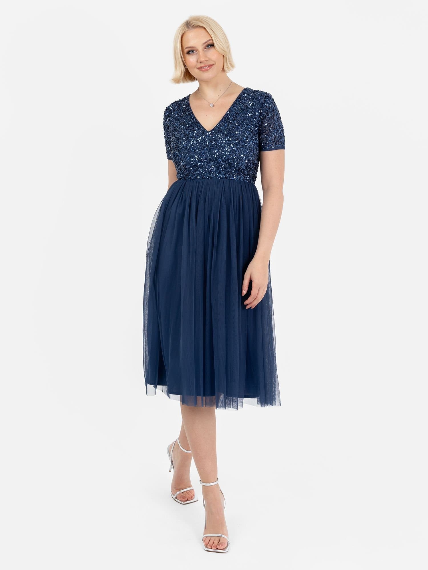 Maya Deluxe Maya Deluxe Women's Short Sleeve V Neck Embellished Midi Dress in Navy