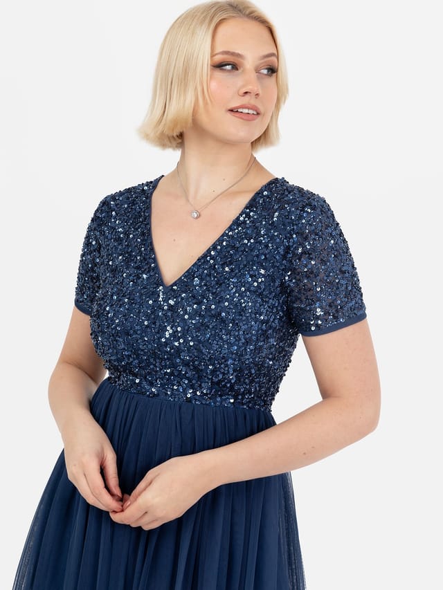 Maya Deluxe Maya Deluxe Women's Short Sleeve V Neck Embellished Midi Dress in Navy - 2