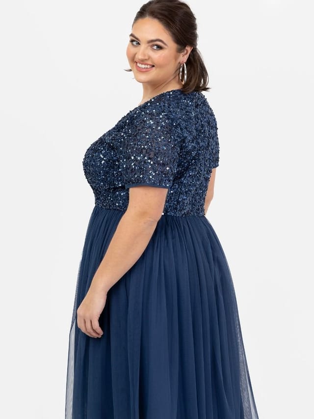 Maya Deluxe Maya Deluxe Women's Short Sleeve V Neck Embellished Midi Dress in Navy - 3