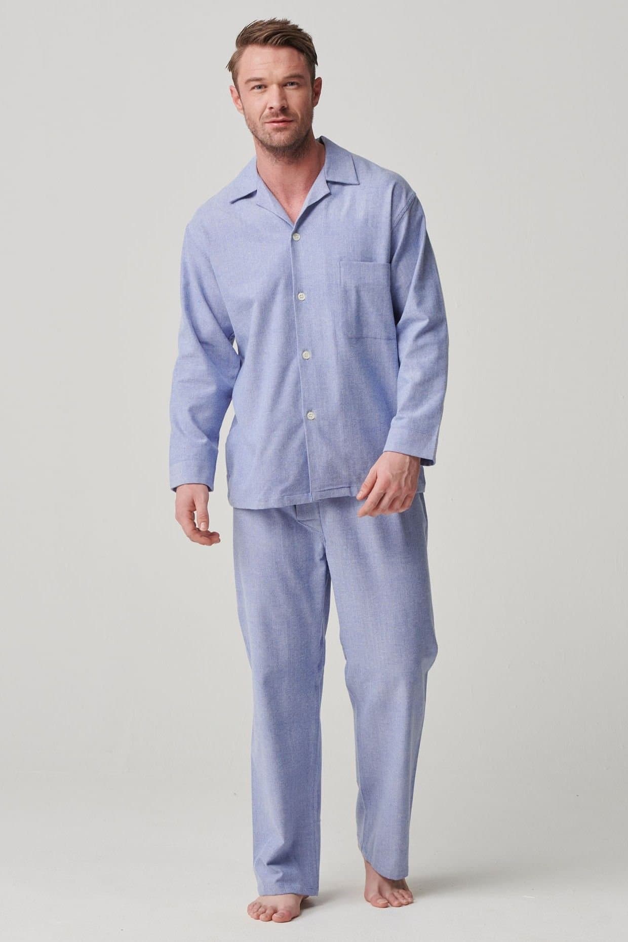 British Boxers British Boxers Men's "Staffordshire Blue" Herringbone Brushed Cotton Pyjama Set in Light Blue