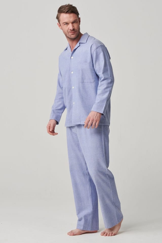 British Boxers British Boxers Men's "Staffordshire Blue" Herringbone Brushed Cotton Pyjama Set in Light Blue - 2
