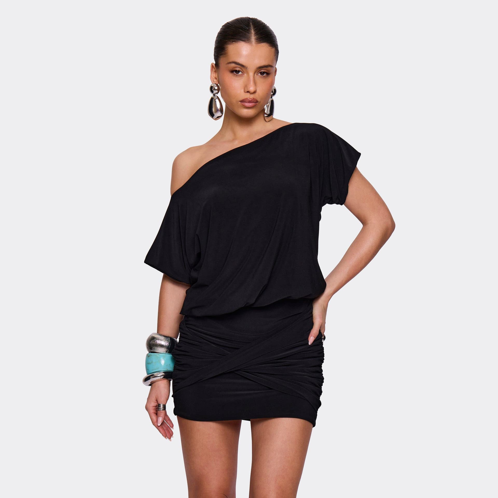 EGO Off The Shoulder Twisted Detail Mini Dress In Black, Women's Size UK 6
