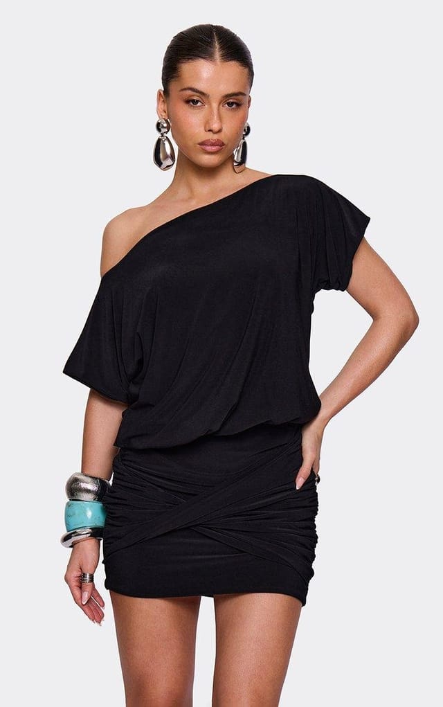 EGO Off The Shoulder Twisted Detail Mini Dress In Black, Women's Size UK 6 - 2
