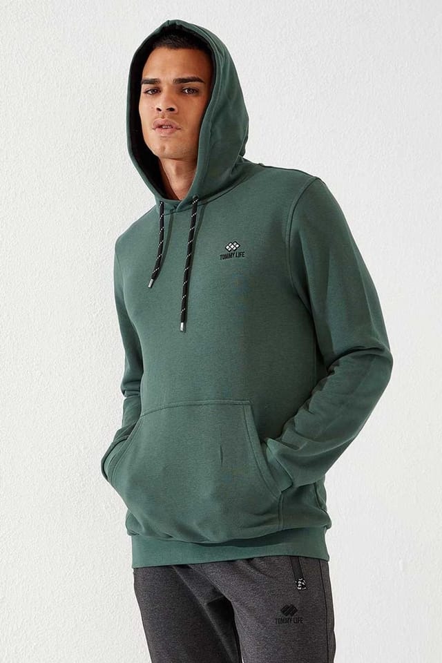 Tommy Life Tommy Life Men's Solid Hooded Sweatshirt With Pocket in Dark Green - 3