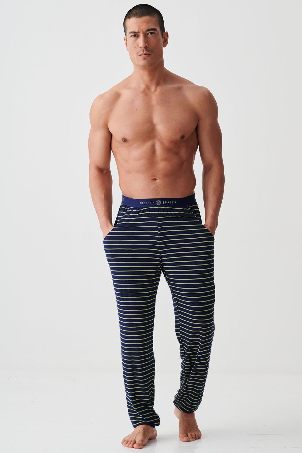 British Boxers British Boxers Men's "Tarragon & Navy Stripe" Bamboo Pyjama Trousers in Olive