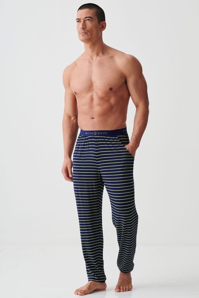 British Boxers British Boxers Men's "Tarragon & Navy Stripe" Bamboo Pyjama Trousers in Olive - 2