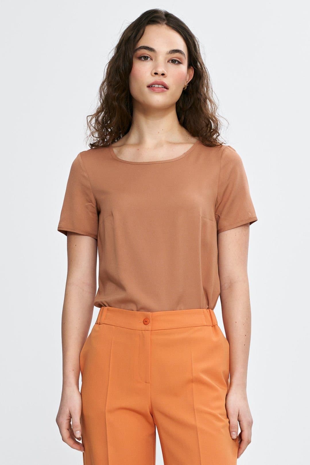 Love Lace Love Lace Women's Viscose Boat Neck Short Sleeve Blouse in Brown